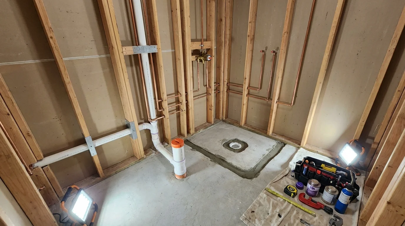 Bathroom rough-in plumbing during remodel by Johns Plumbing LLC in Goldfield