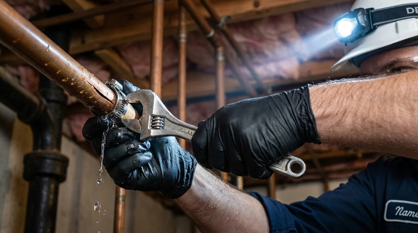 Emergency pipe clamp repair being performed by a Johns Plumbing LLC plumber in Goldfield