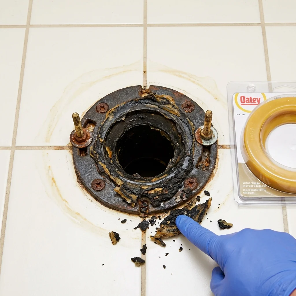 Failed wax ring showing water seepage at the base of a toilet in a Goldfield, NV home
