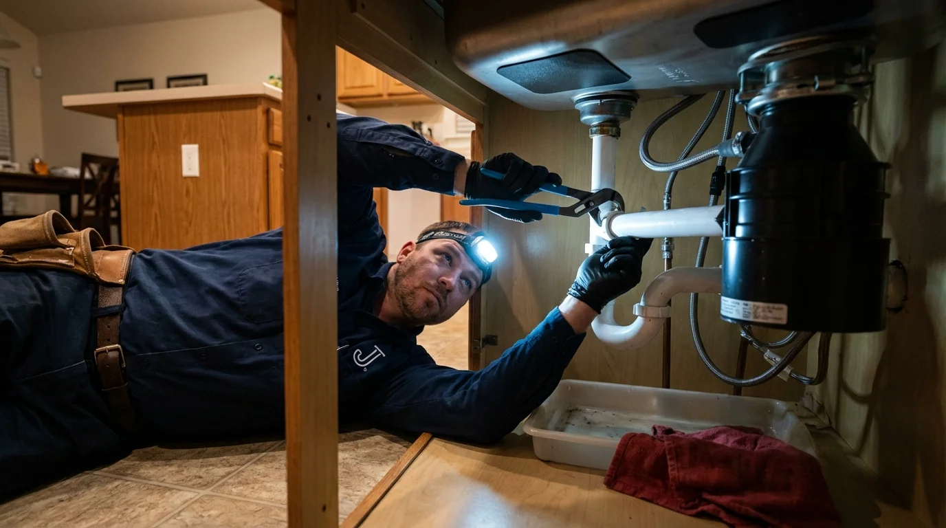 P-trap and supply line connections under a kitchen sink showing a common leak point in Goldfield, NV